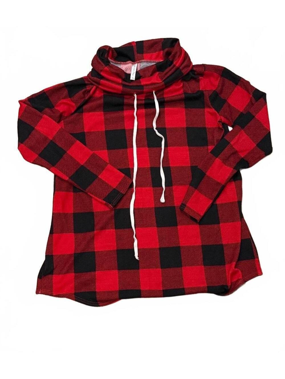 Acting Pro Red and Black Buffalo Plaid Cowl Neck Pullover